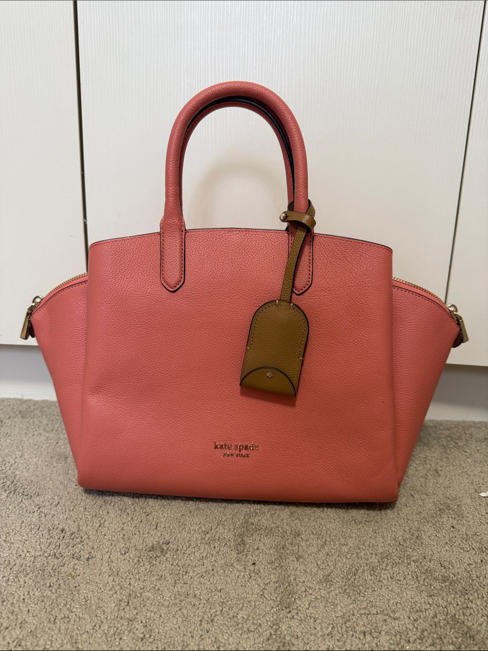 kate spade Coral Pink Pebbled Leather Satchel with Tan Tag